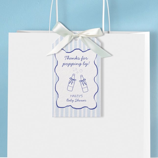 Étiquettes-cadeau Merci d'être passé à la Baby Shower Blue Soda Bott (Thanks for Popping By Blue Soda Bottle Baby Shower Gift Tags)