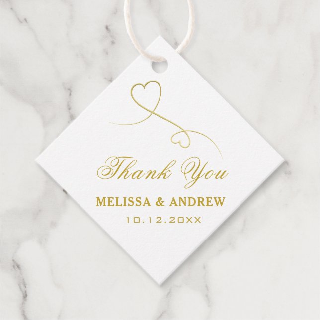 Étiquettes Cadeau Merci | Deux Coeurs d'or | Mariage élégant (Devant)