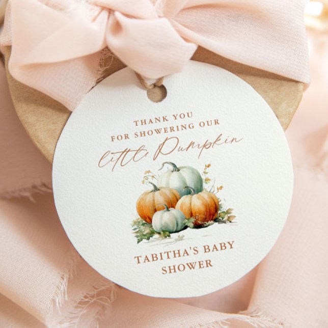 Étiquettes Cadeau Merci du Baby shower de l'automne du petit Citroui (An elegant fall little pumpkin baby shower thank you favor tag with watercolor illustration.)