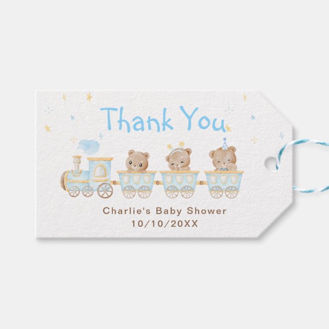 Étiquettes-cadeau Merci du Baby shower du train Bear Blue (Devant (Horizontal))