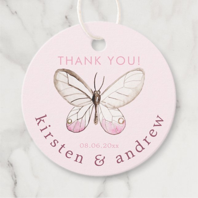 Étiquettes Cadeau Merci! Élégant Mariage à papillon rose pâle (Devant)