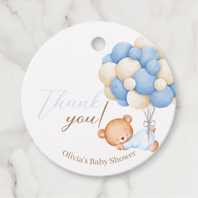 Étiquettes Cadeau Merci en faveur Teddy Balloon Baby Boy Douche (Devant)