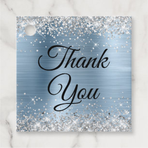 Étiquettes Cadeau Merci en paillettes d'argent sur fond bleu clair