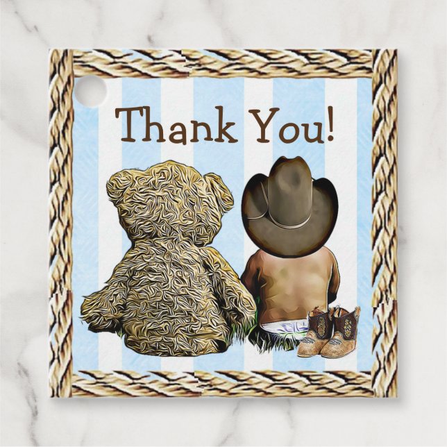 Étiquettes Cadeau Merci ethnique Cowboy Baby et Teddy Bear (Devant)