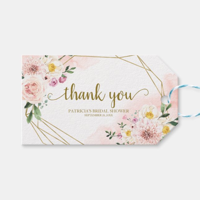 Étiquettes-cadeau Merci - Faveur géométrique dorée florale rose tend (Devant (Horizontal))
