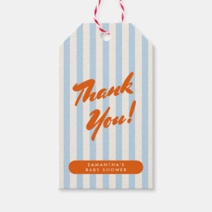 Étiquettes-cadeau Merci Fête de Bébé Rétro Bandes Orange et Bleu