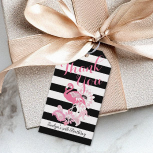 Étiquettes-cadeau Merci Flamant Rose Rayure Noir et Blanc