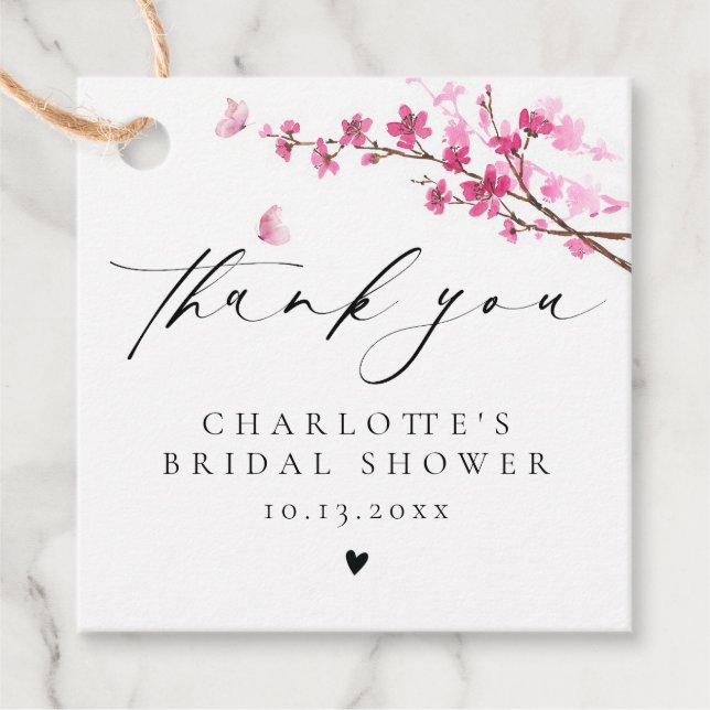 Étiquettes Cadeau Merci Fleur de Cerisier Papillon Rose (Devant)
