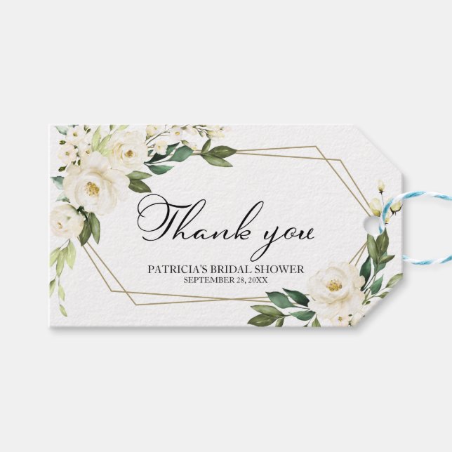 Étiquettes-cadeau Merci - Fleurs Blanches Feuillage Géométrique Cade (Devant (Horizontal))