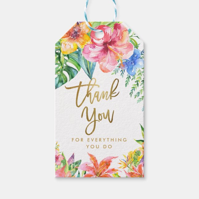 Étiquettes-cadeau Merci | Fleurs d'aquarelle hawaïenne tropicale (Devant)