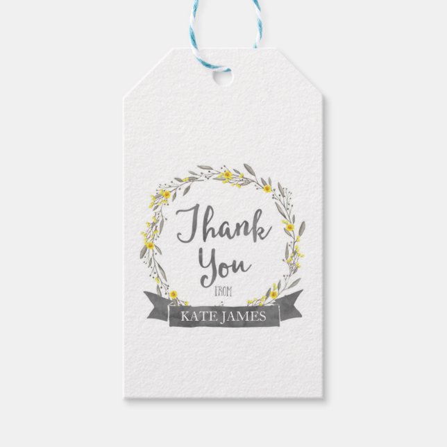 Étiquettes-cadeau Merci Fleurs jaunes et Feuilles gris (Devant)