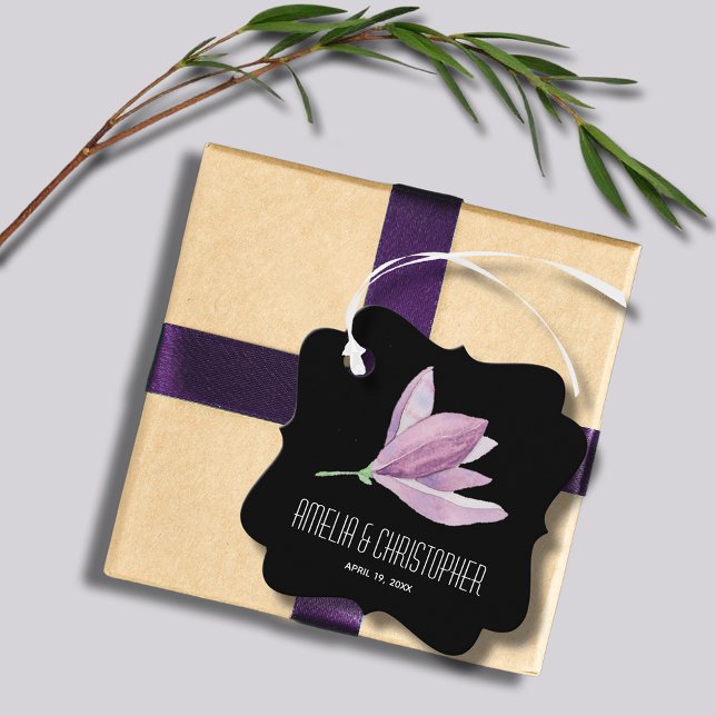 Étiquettes Cadeau Merci Floral (Purple Magnolia Floral Watercolor Bracket Shape Wedding Favor Tags)