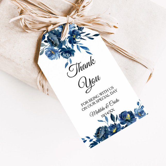 Étiquettes-cadeau Merci Floral bleu moderne (Créateur téléchargé)