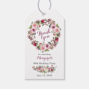 Étiquettes-cadeau Merci floral d'anniversaire de rose pourpre de