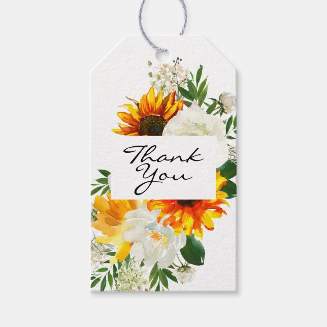 Étiquettes-cadeau Merci floral de tournesol Artsy - Blanc (Devant)