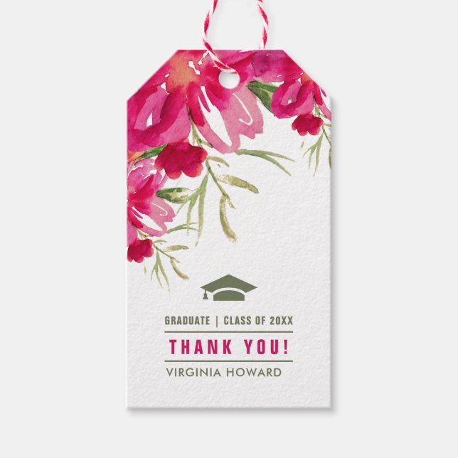 Étiquettes-cadeau Merci Floral Fuchsia Green Graduation (Devant)