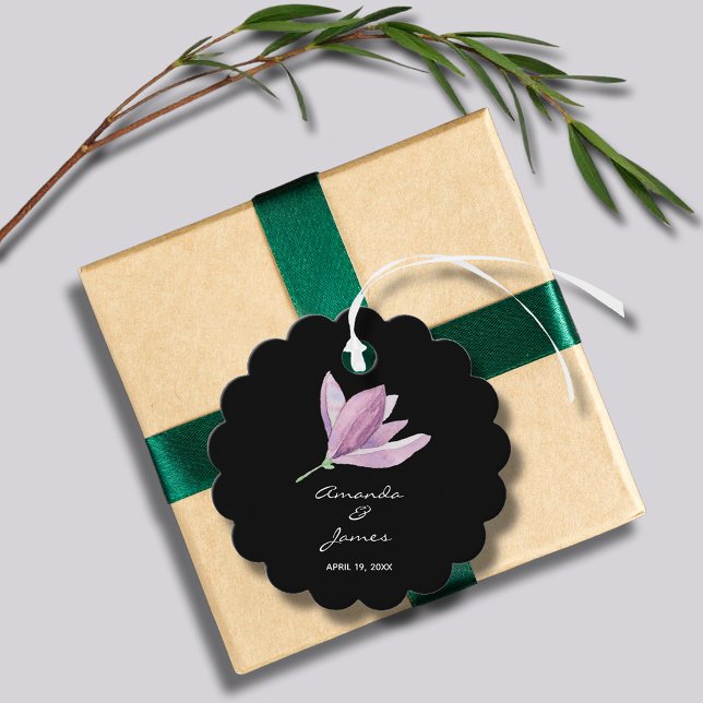 Étiquettes Cadeau Merci floral violet chic (Purple Magnolia Floral Watercolor Scallop Shape Wedding Favor Tags)