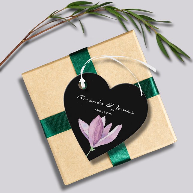 Étiquettes Cadeau Merci Floral violet noir (Purple Magnolia Floral Watercolor Heart Shape Wedding Favor Tags)