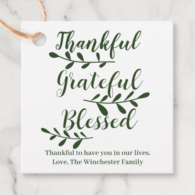 Étiquettes Cadeau Merci gracieux Bienheureux script vert foncé (Devant)