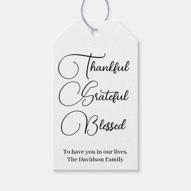 Étiquettes-cadeau Merci Grateful Blessé script Thanksgiving (Devant)