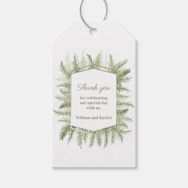 Étiquettes-cadeau Merci hiver feuillage de mariage aquarelle vert (Devant)