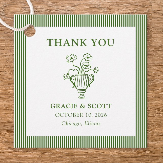 Étiquettes Cadeau Merci Mariage à rayures fleuries vert classique (Créateur téléchargé)