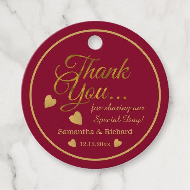 Étiquettes Cadeau Merci Mariage Bourgogne Et Gold Heart (Devant)