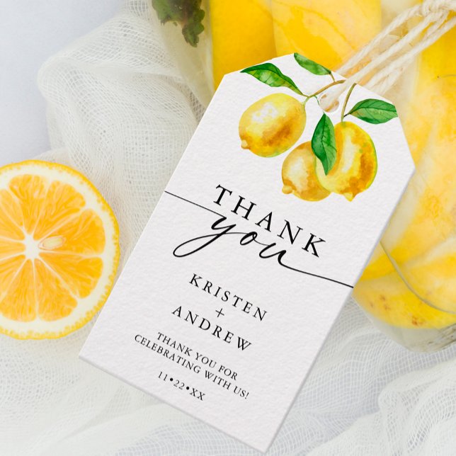 Étiquettes-cadeau Merci Mariage citron aquarelle (Introducing our Lemon Watercolor Wedding Thank You Gift Tags - a stunning expression of appreciation)