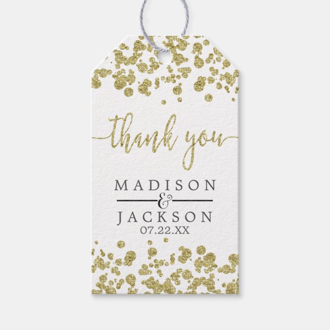 Étiquettes-cadeau Merci Mariage Confetti blanc et or (Devant)