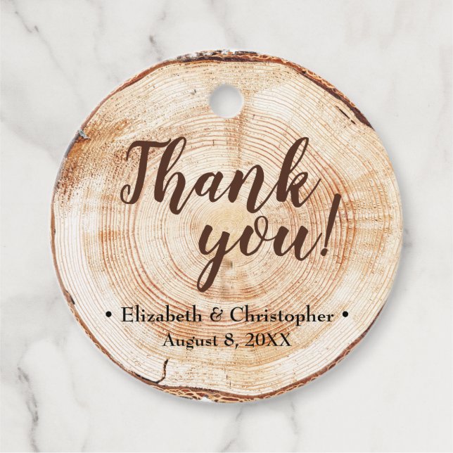 Étiquettes Cadeau Merci Mariage coupe bois rustique personnalisé (Devant)