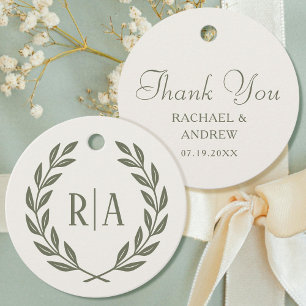 Étiquettes Cadeau Merci Mariage couronne Monogramme Crème verte