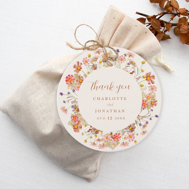 Étiquettes Cadeau Merci Mariage de automne floral Boho (Boho rustic floral fall thank you wedding favor tag beige Watercolor wildflowers elegant modern)