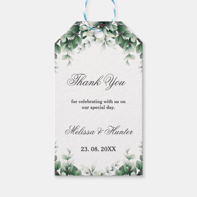 Étiquettes-cadeau Merci Mariage de couronne d'Eucalyptus vert (Devant)