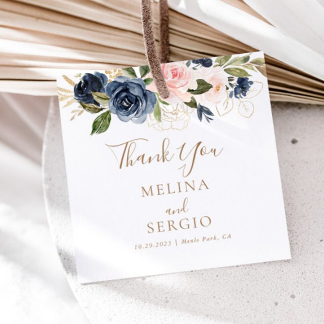 Étiquettes Cadeau Merci Mariage de fleurs dorées bleu rose (Créateur téléchargé)