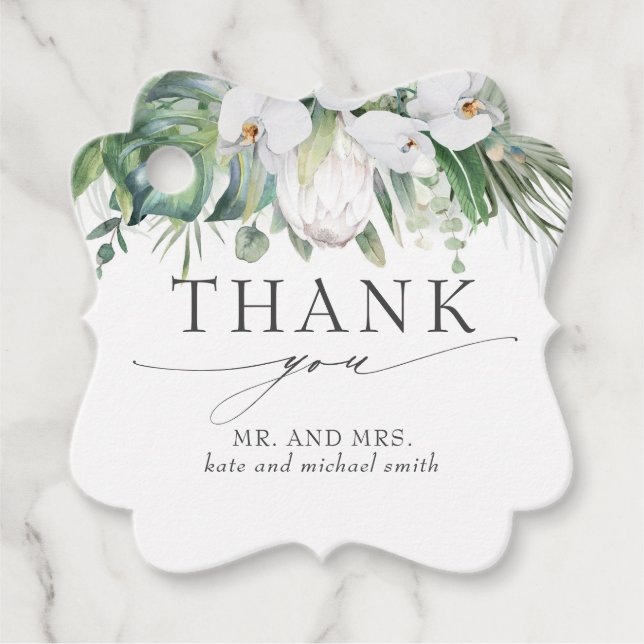 Étiquettes Cadeau Merci Mariage des orchidées du roi blanc Protea (Devant)