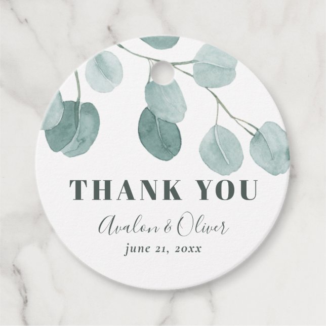 Étiquettes Cadeau Merci Mariage d'Eucalyptus en argent (Devant)