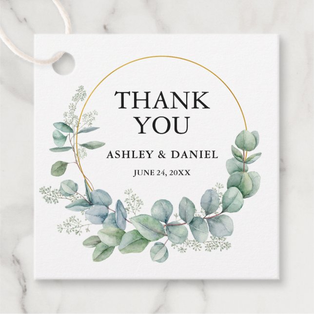Étiquettes Cadeau Merci Mariage Eucalyptus Or moderne (Devant)