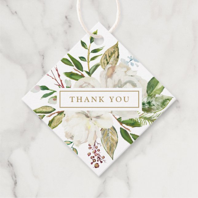 Étiquettes Cadeau Merci Mariage floral doré (Devant)
