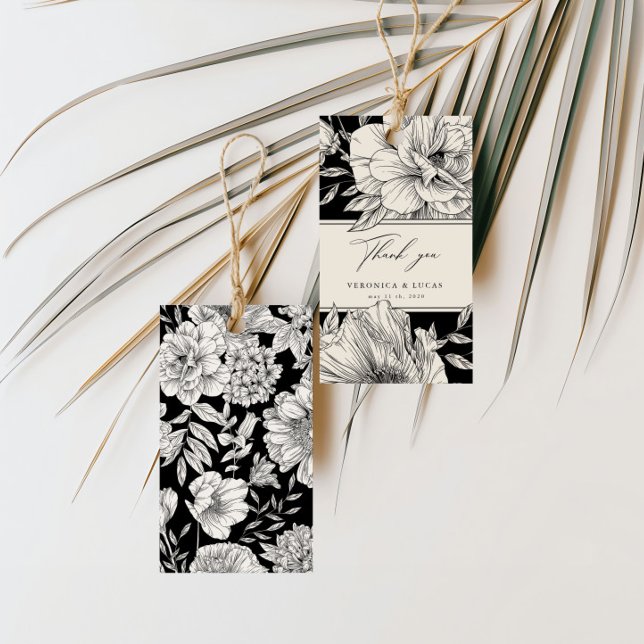 Étiquettes-cadeau Merci Mariage floral noir blanc élégant (Créateur téléchargé)