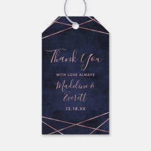 Étiquettes-cadeau Merci Mariage géométrique bleu marine et Rose or