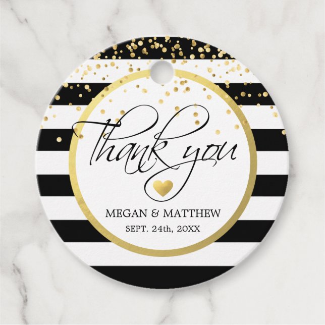 Étiquettes Cadeau Merci Mariage moderne blanc noir et or (Devant)