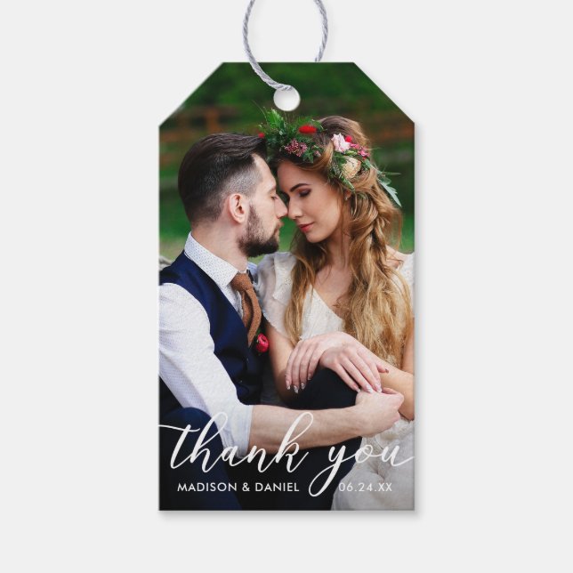 Étiquettes-cadeau Merci Mariage moderne | Photo de la mariée (Devant)