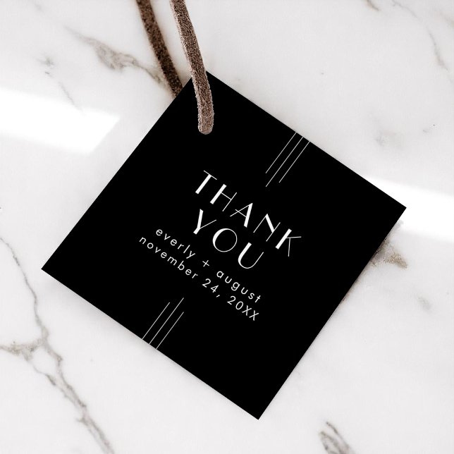 Étiquettes Cadeau Merci Mariage noir Art déco moderne (EVERLY Modern Art Deco Black Wedding Thank You Favor Tags)