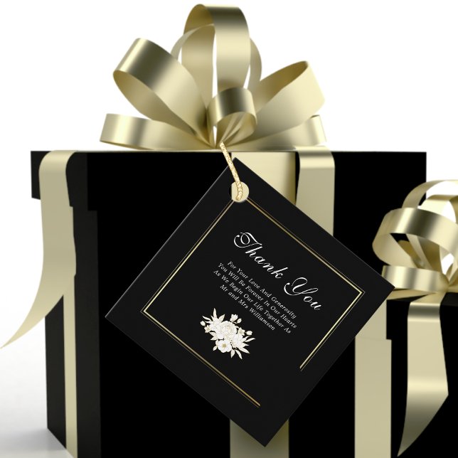 Étiquettes Cadeau Merci Mariage noir blanc or élégant Floral (Créateur téléchargé)