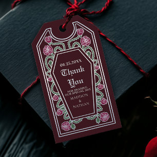 Étiquettes-cadeau Merci Mariage Rose en argent rouge gothique Coffin