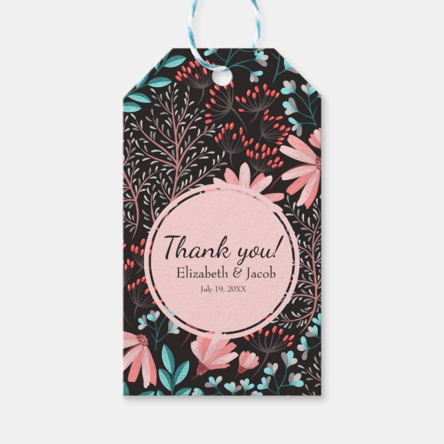 Étiquettes-cadeau Merci Mariage rose et Turquoise à fleurs foncées (Devant)