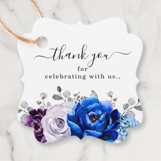 Étiquettes Cadeau Merci Mariage Royal Blue Purple Blooms (Devant)