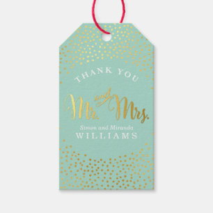 Étiquettes-cadeau MERCI mariage rustique confetti tache d'or MINT