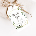 Étiquettes-cadeau Merci Mariage vert Brown d'or géométrique<br><div class="desc">Ces étiquettes de remerciement de mariage vert brun doré géométrique sont parfaites pour une simple réception de mariage. Le design présente de beaux feuilles verts peints à la main dans un arrière - plan marron, ornant un cadre géométrique doré. Personnalisez ces balises avec un message court, vos noms et votre...</div>