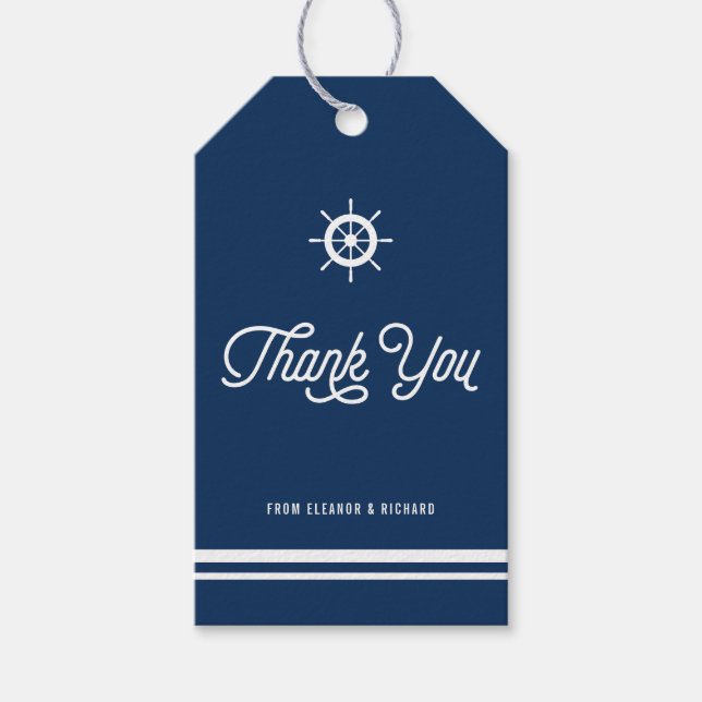 Étiquettes-cadeau Merci marin bleu marine avec Helm (Devant)